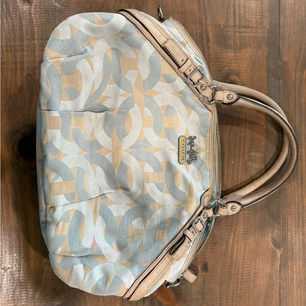 COACH MADISON SATCHEL Blue Cream Signature C Fabric Leather Trim Handbag Purse - Picture 9 of 14